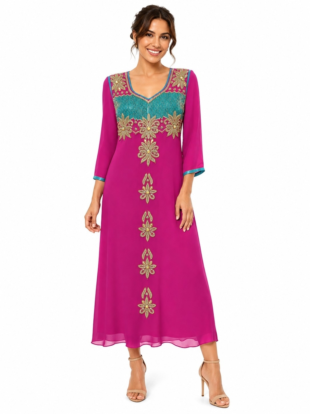 Vintage Boutique Fuchsia Maxi Dress with Teal Lace Sequins Small Medium